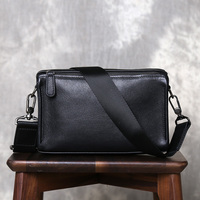 Men Top Layer Cowhide Shoulder Bag Business Casual Leather Bag Men's And Women's Small Square Bag Zipper Bag Horizontal Handbag