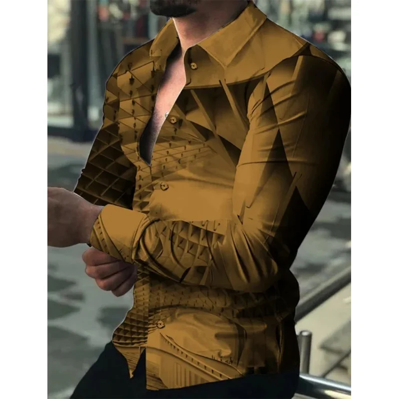 Men's Shirt Pattern Printing Geometric Fold Green Outdoor Street Long Sleeved Printed Clothing Fashion Street Clothing Designer
