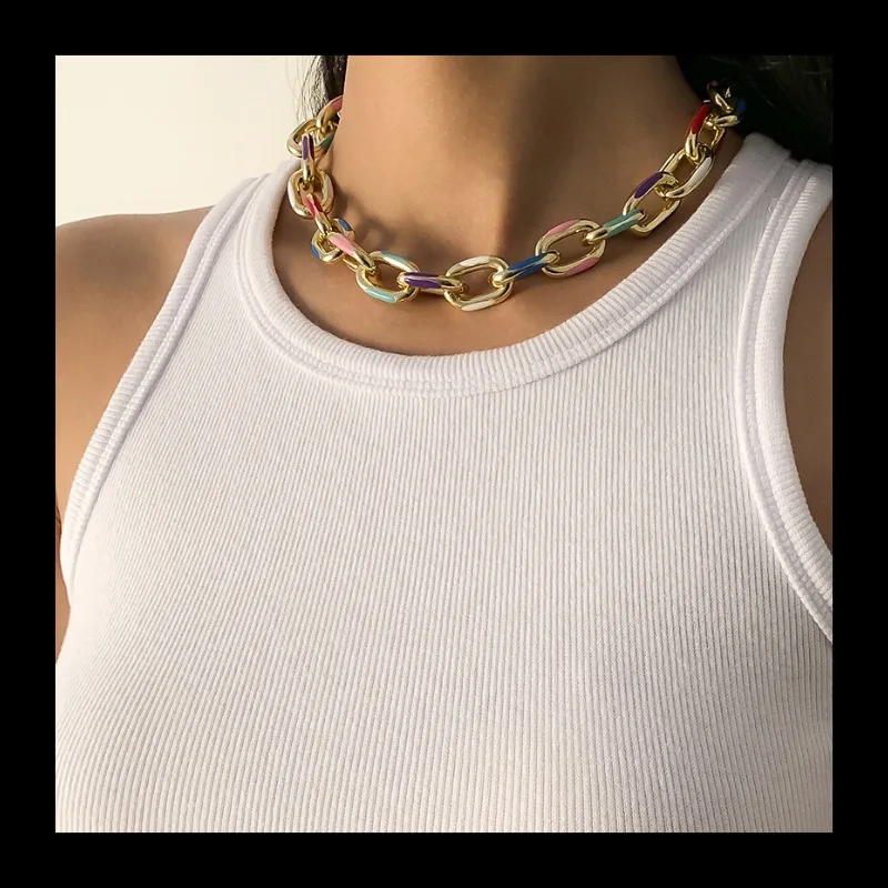 Geometric Minimalist Cold Wind Cross Chain Necklace Women, Fashionable Mixed Color Dripping Metal Necklace