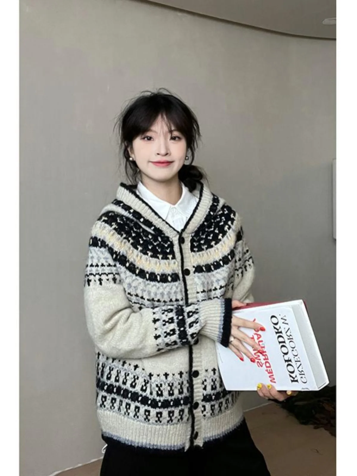 

Trendy Long Sve Knitted Hat Women's Sweater Color Blo Korean Sle Open Cardigan Warmth Commute Loose Fit Button Detail