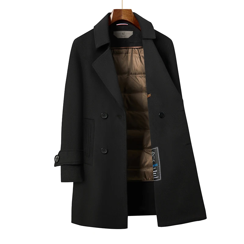 Subtle Luxury Men Elegant Cashmere Overcoat Black Coffee Double Breasted Design Basic Coat Goose Down Vest Lining Topcoat Winter