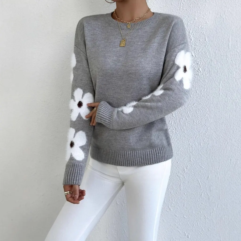 

Autumn Winter Women's Elegant Flower Jacquard Knitted Pullover Fashion Sweater Style for