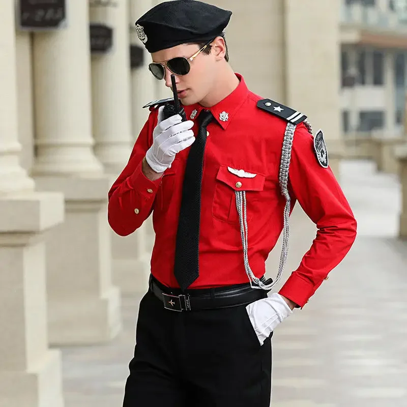 高級不動産セキュリティ制服ホテル半袖セキュリティ赤作業シャツスーツ男性画像ポストプロトコル長袖服