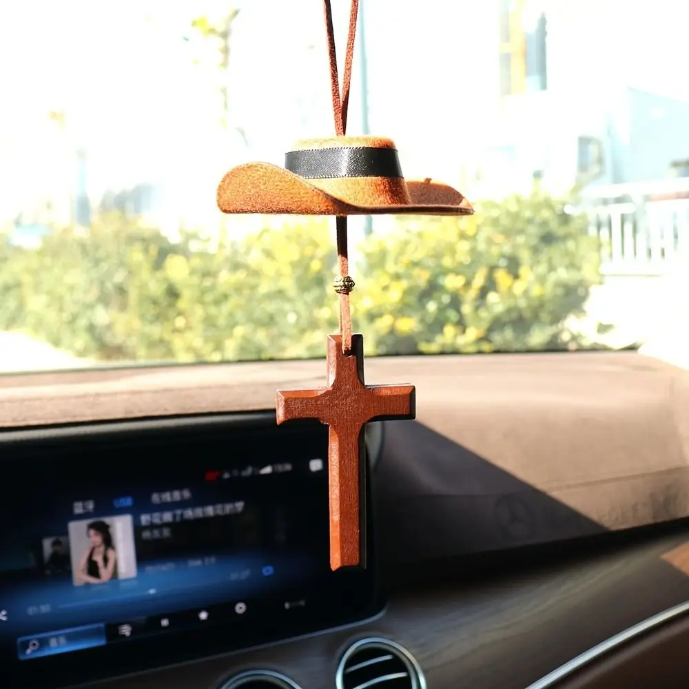 Cowboy Hat Car Pendant Cow Pattern Coffee Cross Rearview Mirror Decoration Western Style Love Cross Car Interior Accessories