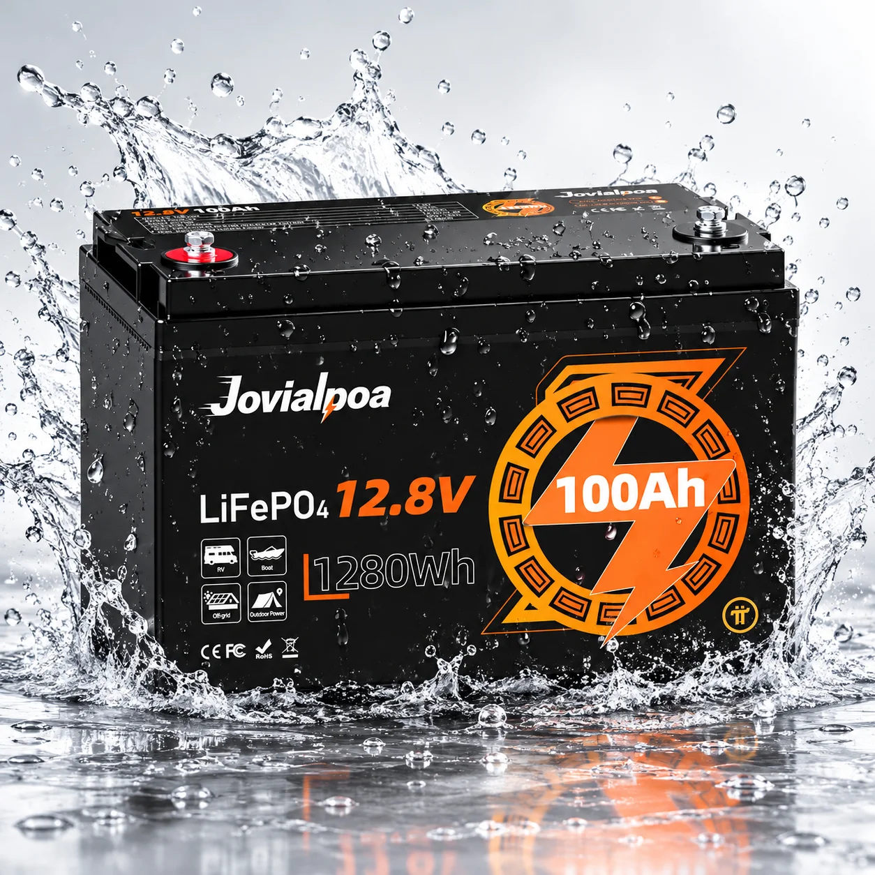 12V 100Ah LiFePO4 Battery, 12.8V 1280Wh Deep Cycle Lithium Battery, Lightweight with Built-in 100A BMS, IP65 Waterproof, 25000+ Cycles for RV, Solar, Marine, Off-Grid, Travel Trailer, Camper