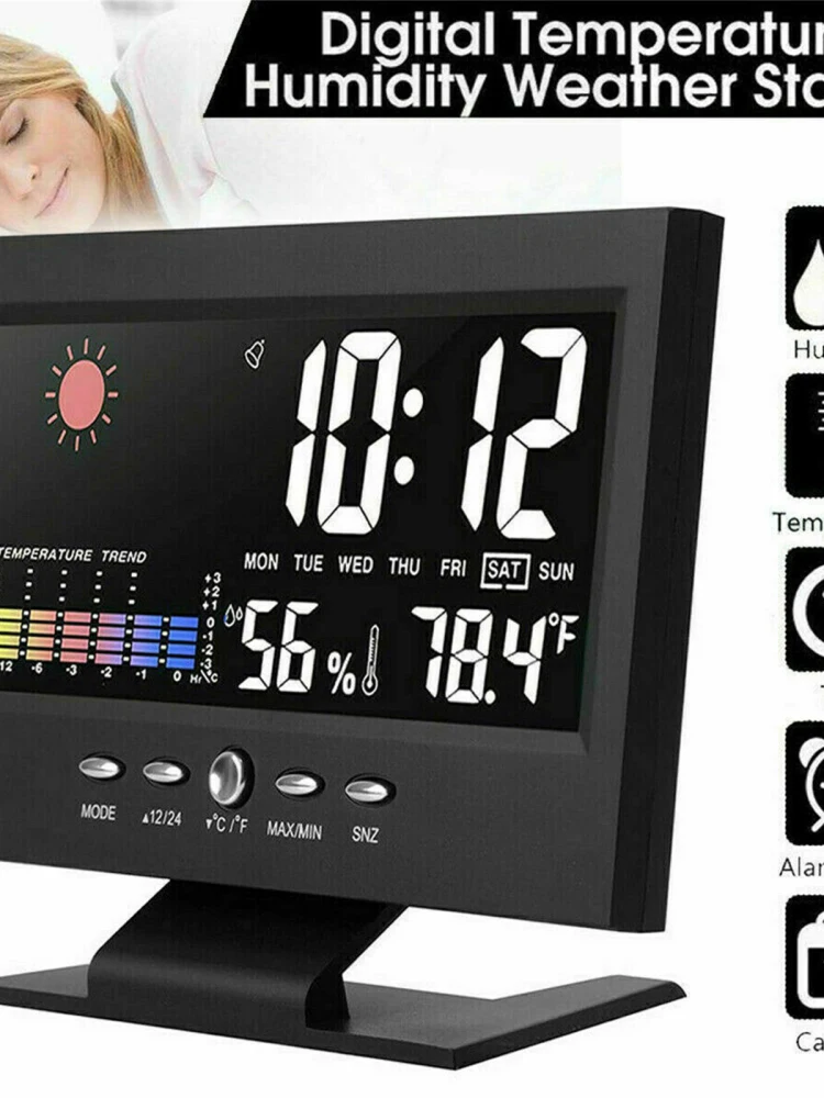 5-in-1 Led Digital Alarm Clock Calendar Weather Display Thermometer Humidity Monitor With Snooze Functions