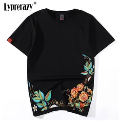 Lyprerazy Men's Hip Hop Chinese Peony Embroidered Flower T-Shirt Streetwear Tops Tees Harajuku Embroidery Ethnic Clothes