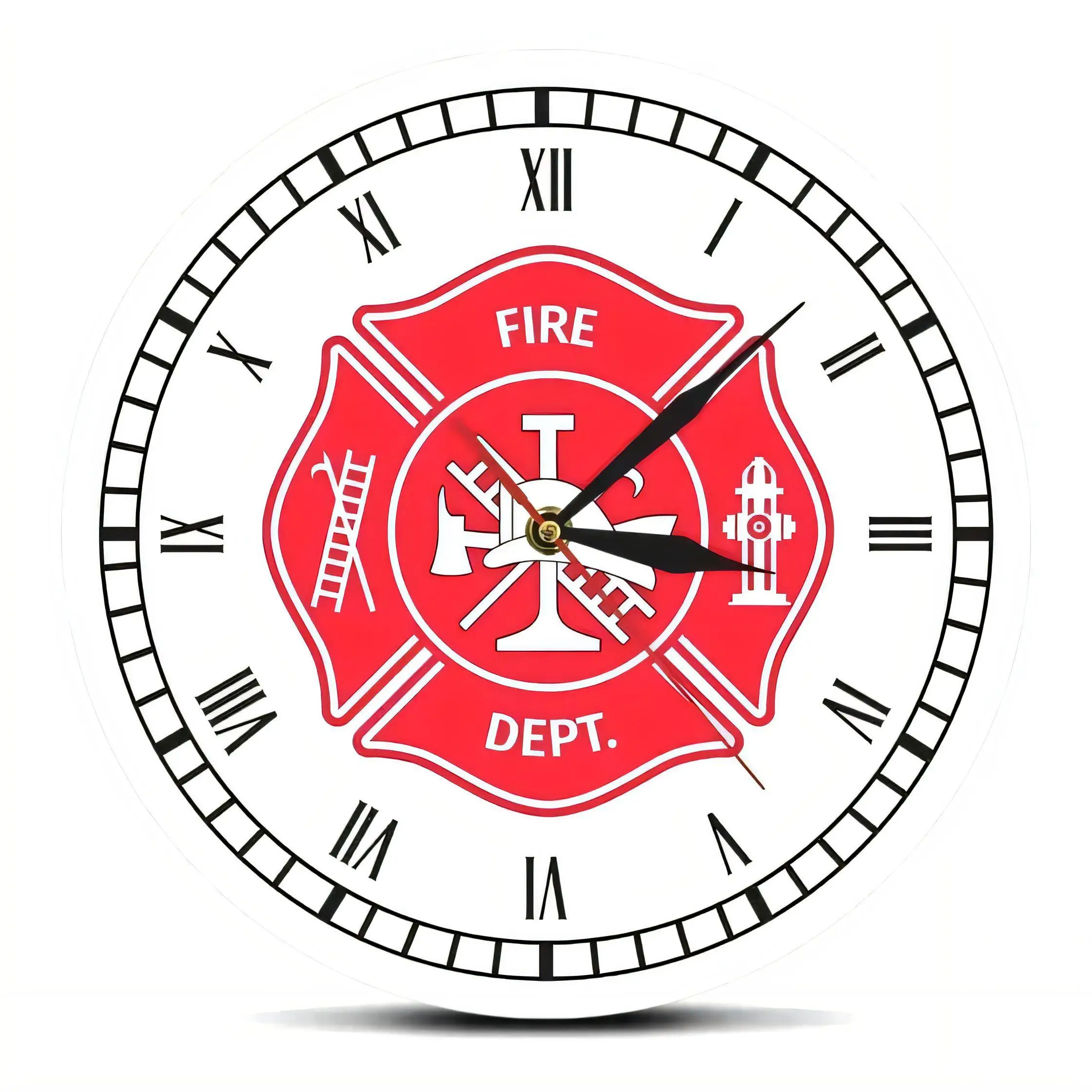 Vintage Fire Dept Wall Clock  with Red Cross Gear Border Silent Battery Operated Rustic Home Decor