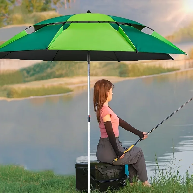 Double Layer Reinforced Universal Fishing Umbrella with Cane - Oxford Cloth Sun and Rain Protection Parasol with Windproof Fork