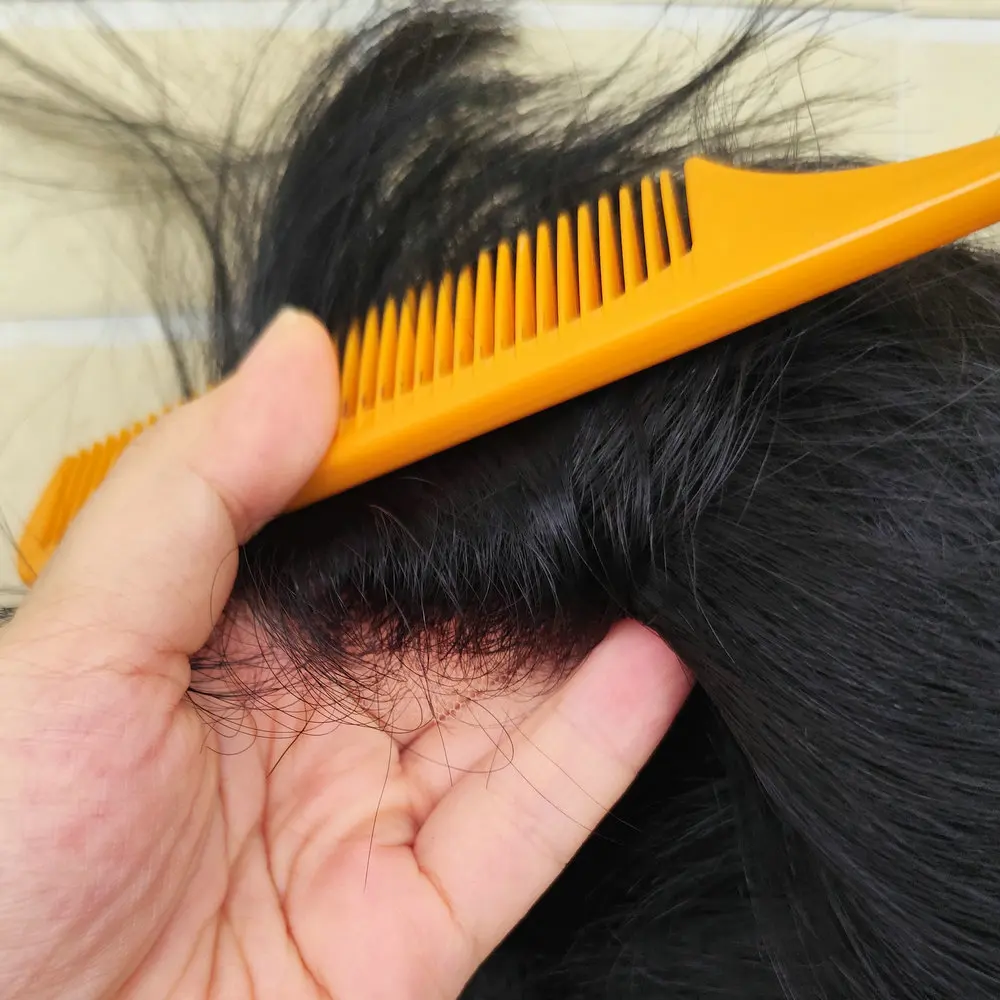 Jet Black 1# Full Swill Lace 5x7" Toupee For Men Right Style Human Hairpiece System