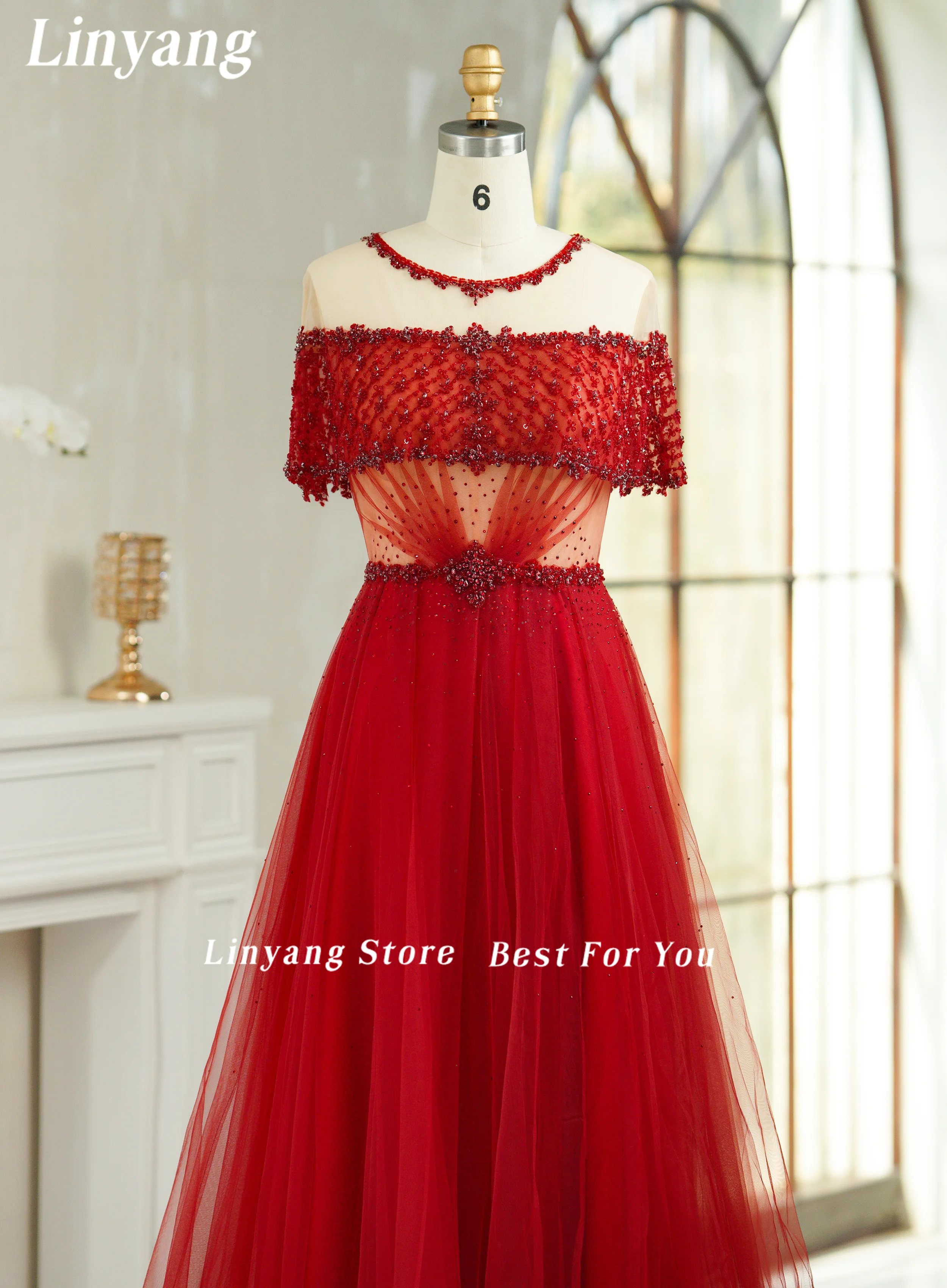 Linyang Red O Neck Beads Luxury Prom Dress Floor Length Cape Sleeves A Line Elegant Evening Party Dress For Women