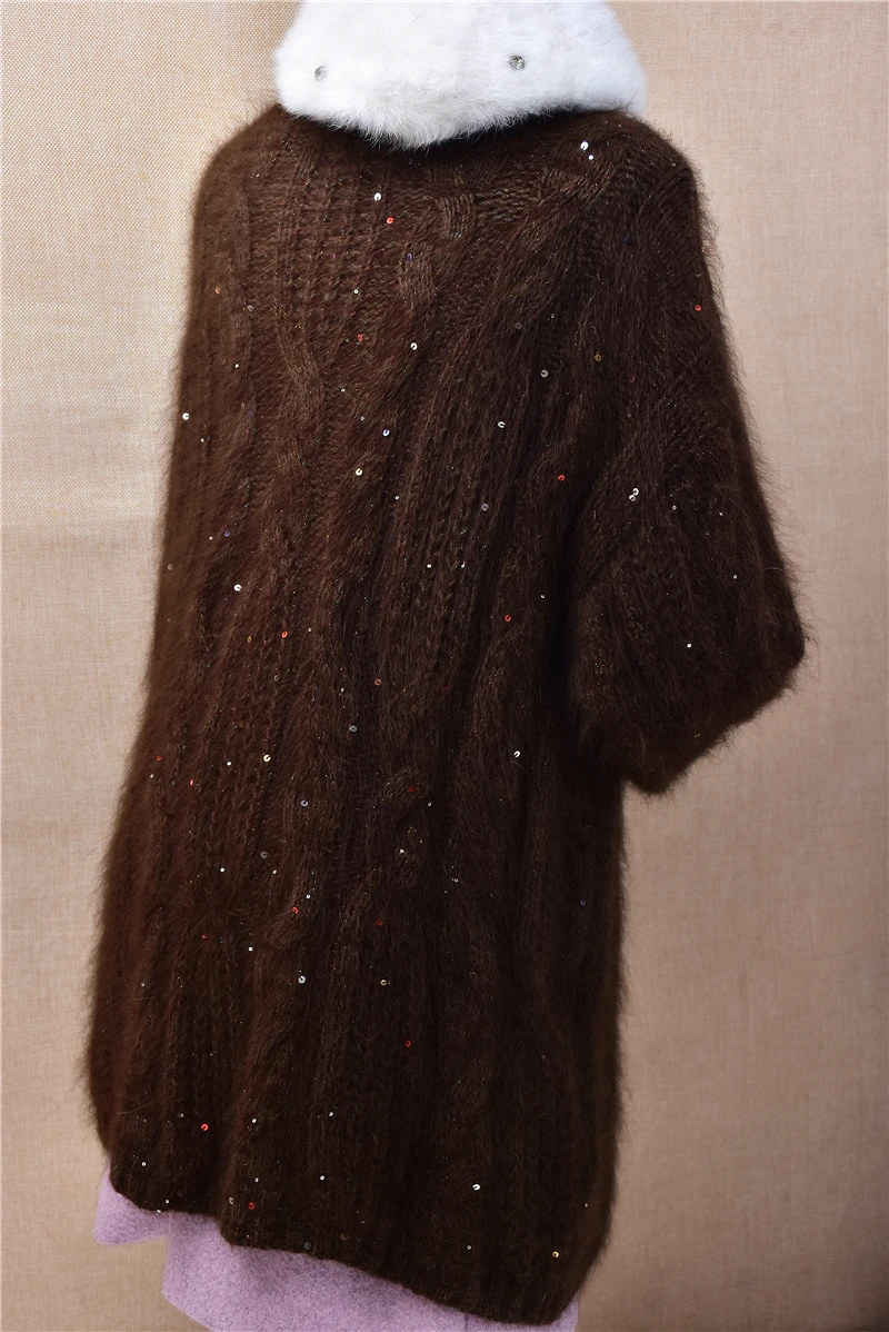 Dames femmes automne hiver mode perles paillettes poilu Angora lapin cheveux tricoté col rond manches longues Pull ample Pull Pull