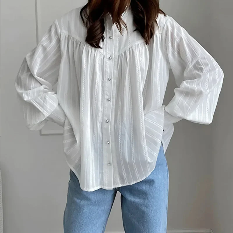 Chic Women Cotton Long Sleeve Shirt French Design Puff Sleeve Blouse Versatile Elegant Casual Top New Fashion Office Daily Wear