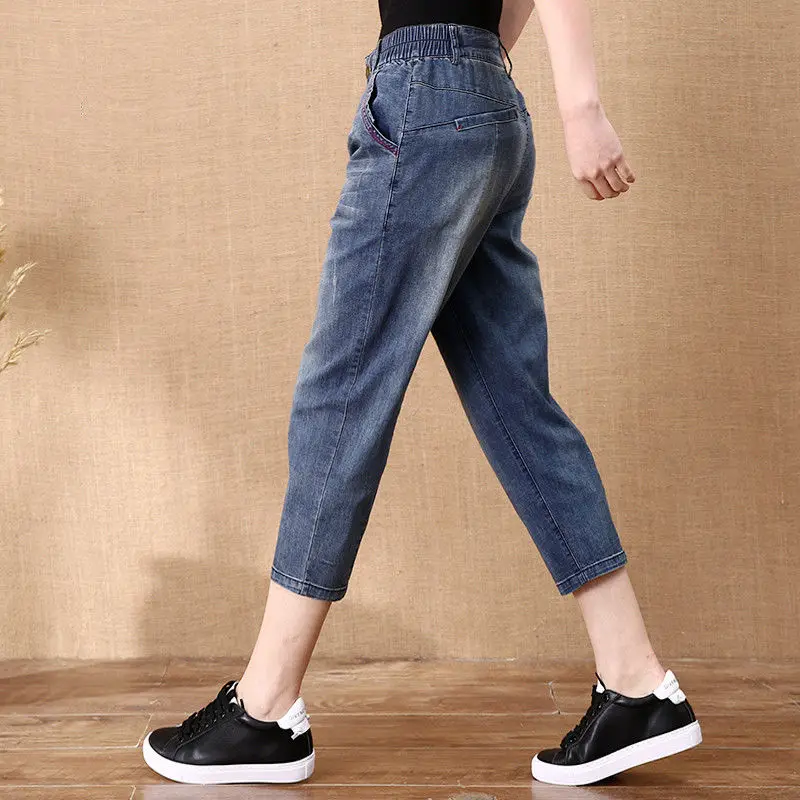 

Summer Women Fashion High Waist Loose Stretch Jeans Female Knee Length Denim Capri Pants Ladies Jeans Denim Trouser Clothing G87