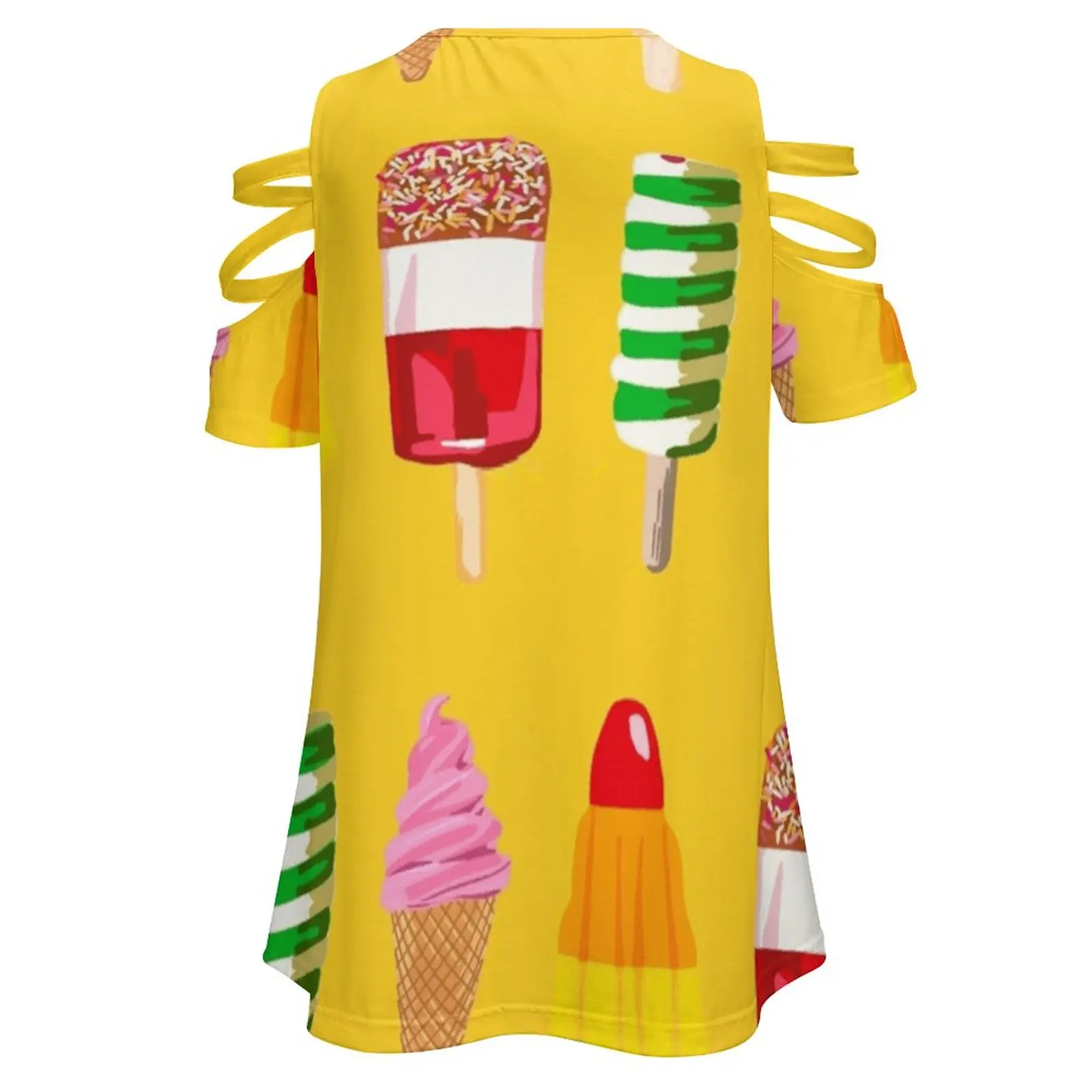 Stampa gelato estivo su giallo Nuova moda Zip con spalle scoperte Camicia da donna a maniche corte Creme di ghiaccio estive Lecca di ghiaccio Ghiaccio ghiacciato