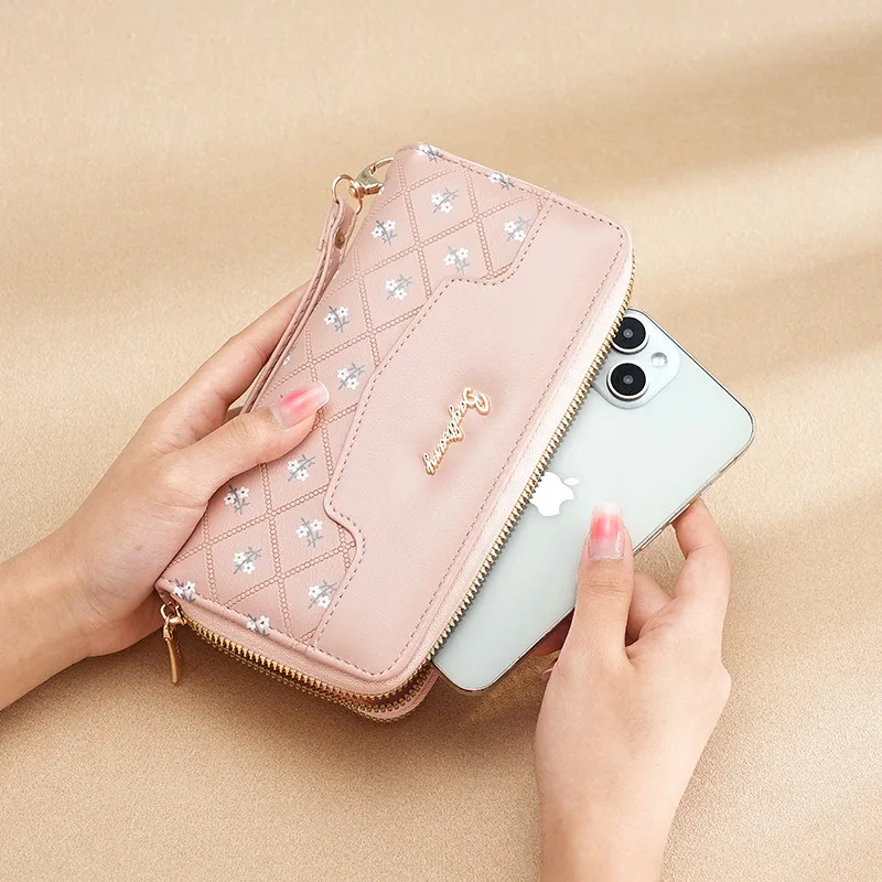 Women PU Leather Long Wallet Ladies Double Zipper Clutch Purse with Wrist Strap Floral Embroidery Card Holder Phone Pocket Money