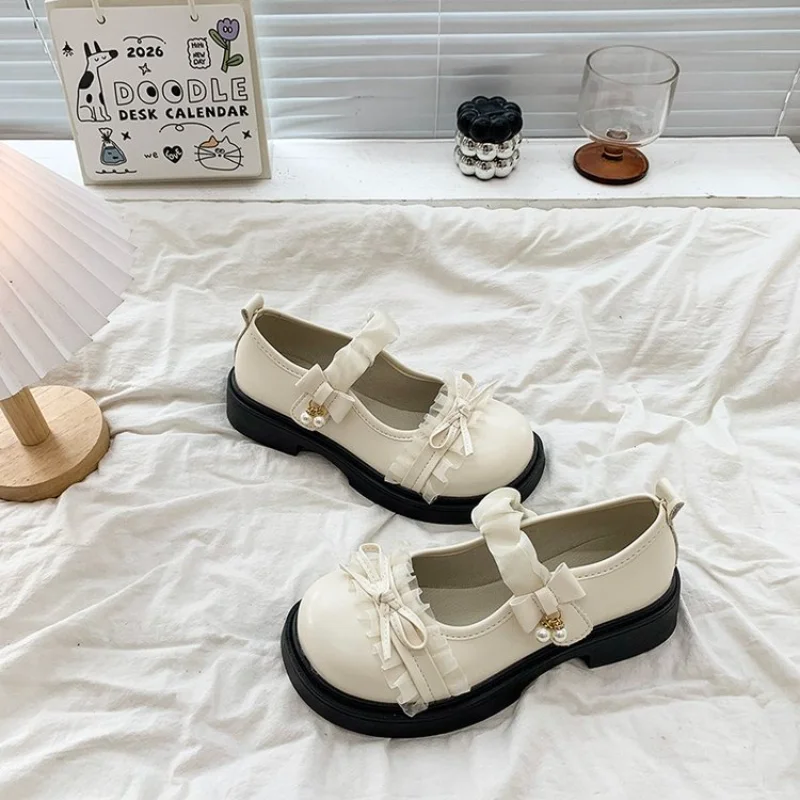 Ruffle Lace Pearl Bow Single Strap Platform Mary Jane Shoes,JK Academy, Light Lolita Soft Girl Chunky Height Increasing Shoes