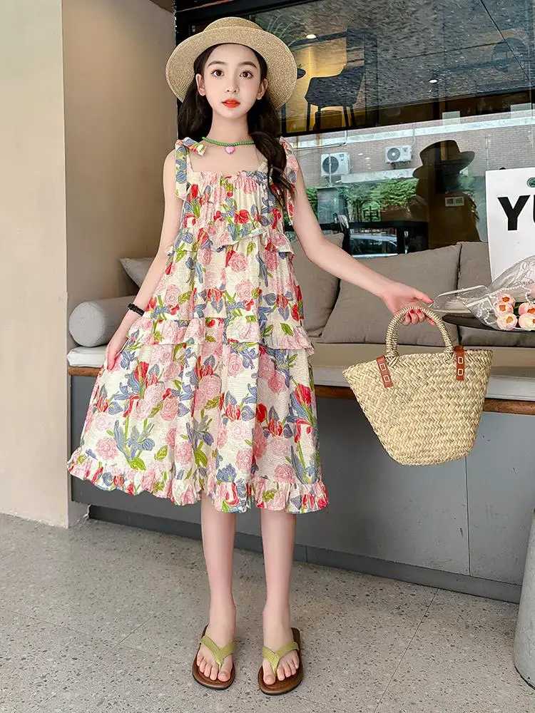 robe-de-plage-a-imprime-floral-d'ete-pour-filles-style-coreen-jupe-trapeze-robe-a-bretelles-vetements-de-vacances-pour-enfants-grandes-tailles
