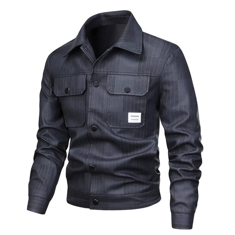

Black Grey Turndown Collar Jacket for Men Pu Leather Casual Fashion Streetwear High Quality Outdoor Windproof Men Clothing 2025