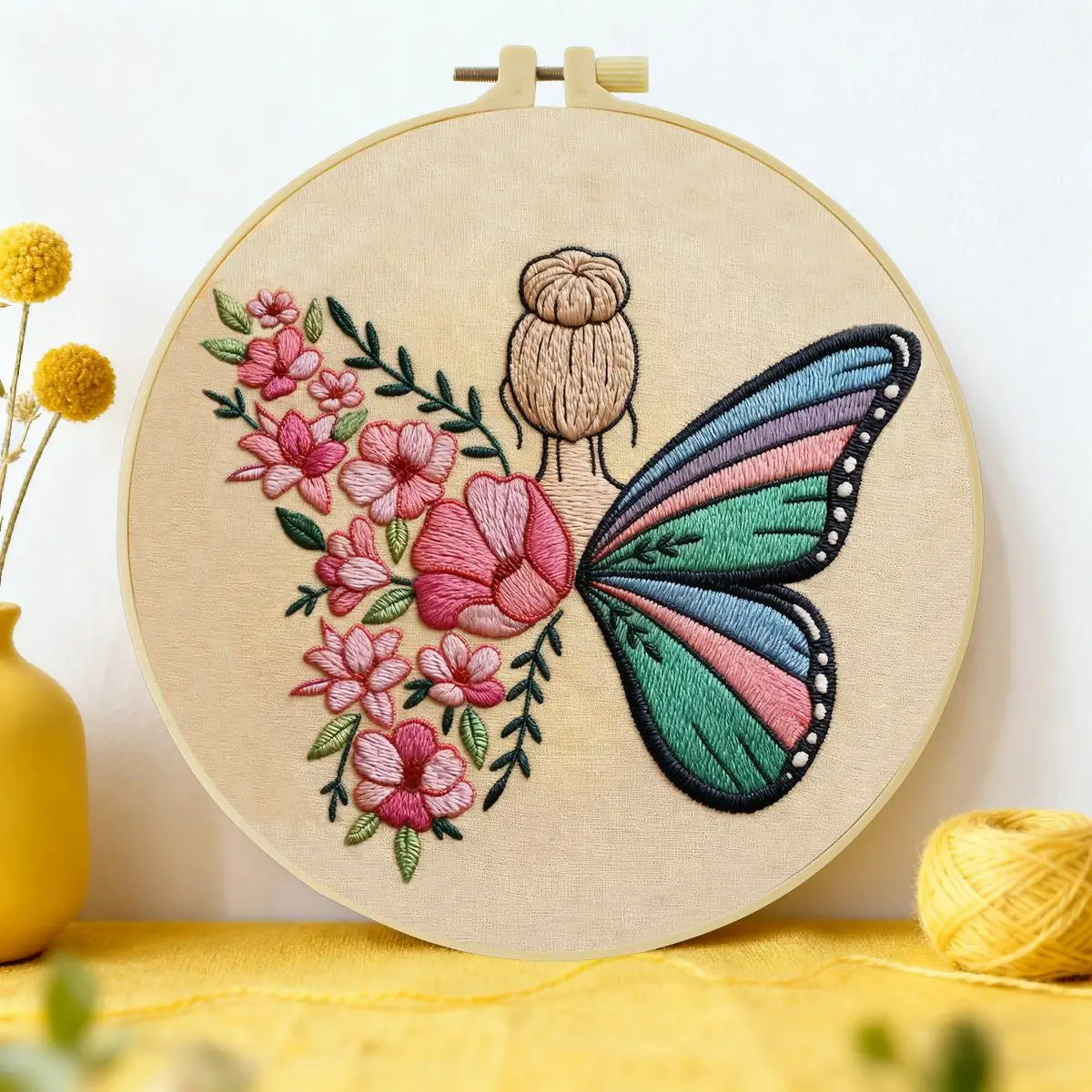 1 Stück 20X20CM/15X15CM 7,87/6,3 Zoll Schmetterlingsmädchen Stickerei Starter-Kit DIY-Kit DIY-Stickerei-Set Handarbeiten Heimdekoration – Detail 1