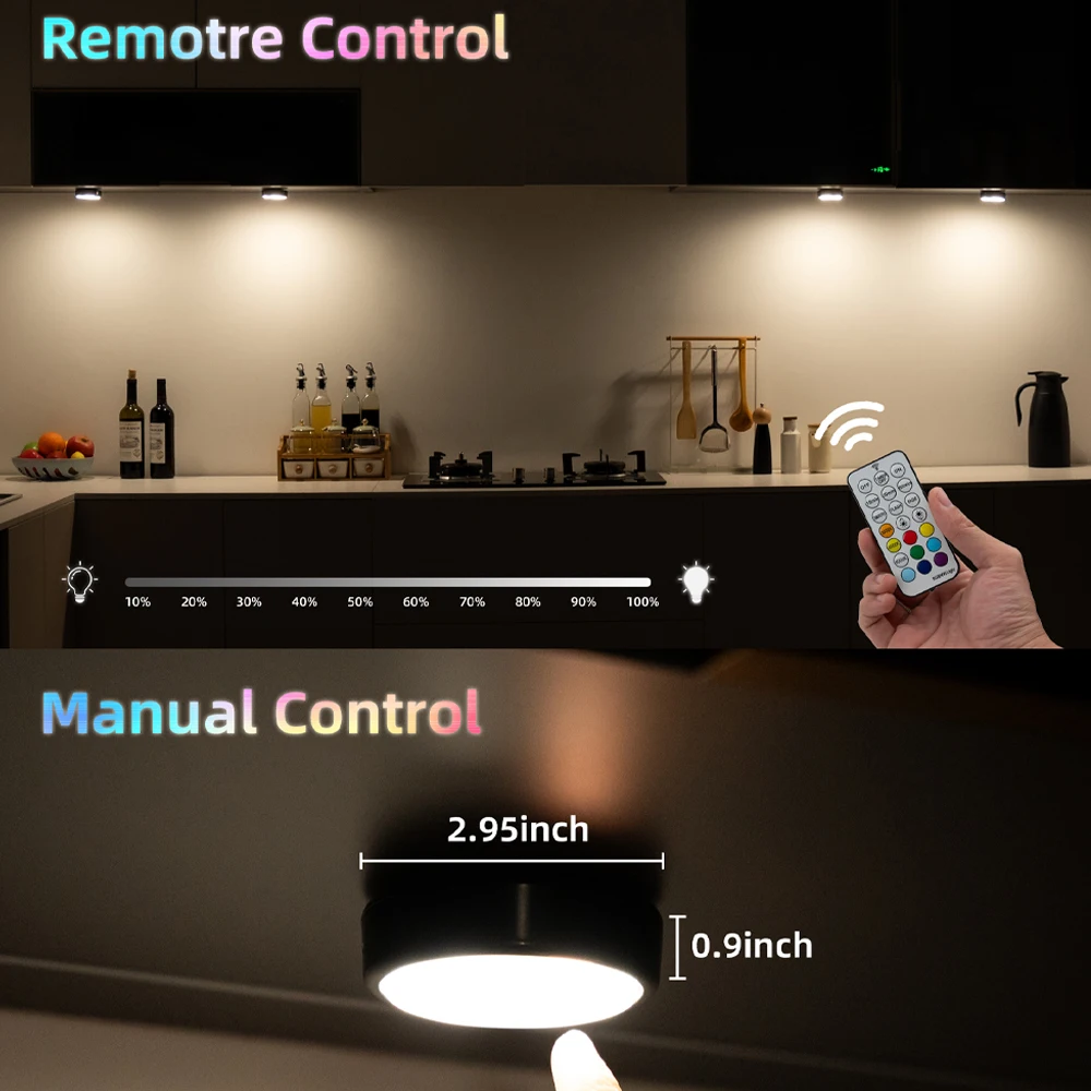 3-6 قطعة أسود RGB + CCT مصابيح LED مستديرة تحت الخزانة مصباح الخزانة الأثاث عكس الضوء خزانة عرض كتاب لمبة مكتب التحكم عن بعد