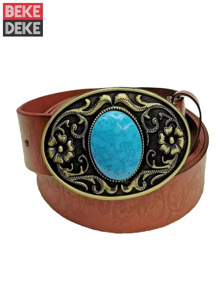 

Ethnic Style Floral Embossed Cowhide Genuine Leather Belt Mens Vintage Buckle Punk Style Stage Show Belts Casual Waistband