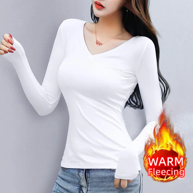 O Neck Long Sleeve Fleeceing Heating Fiber Thermal Basic T-Shirts Women Winter Bottoming Cropped Tops Casual Skinny All-match