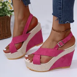 Pink Sandals Women Summer 2024 Platform HighHeels Sandals Summer Shoes Women Wedges Denim Cross Buckle Beach Sandalias Mujer