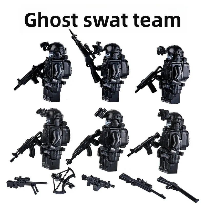 

Военный черный костюм-трансформер SWAT с рюкзаком, пистолетом, строительными блоками, тактическим ремнем и аксессуарами