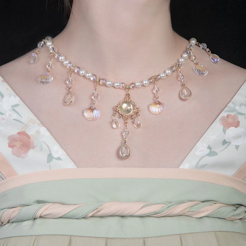 New Chinese Style Pearl Tassel Necklace Women's Hanfu Elements Clothing Accessories round Bead Chain Single Pendant