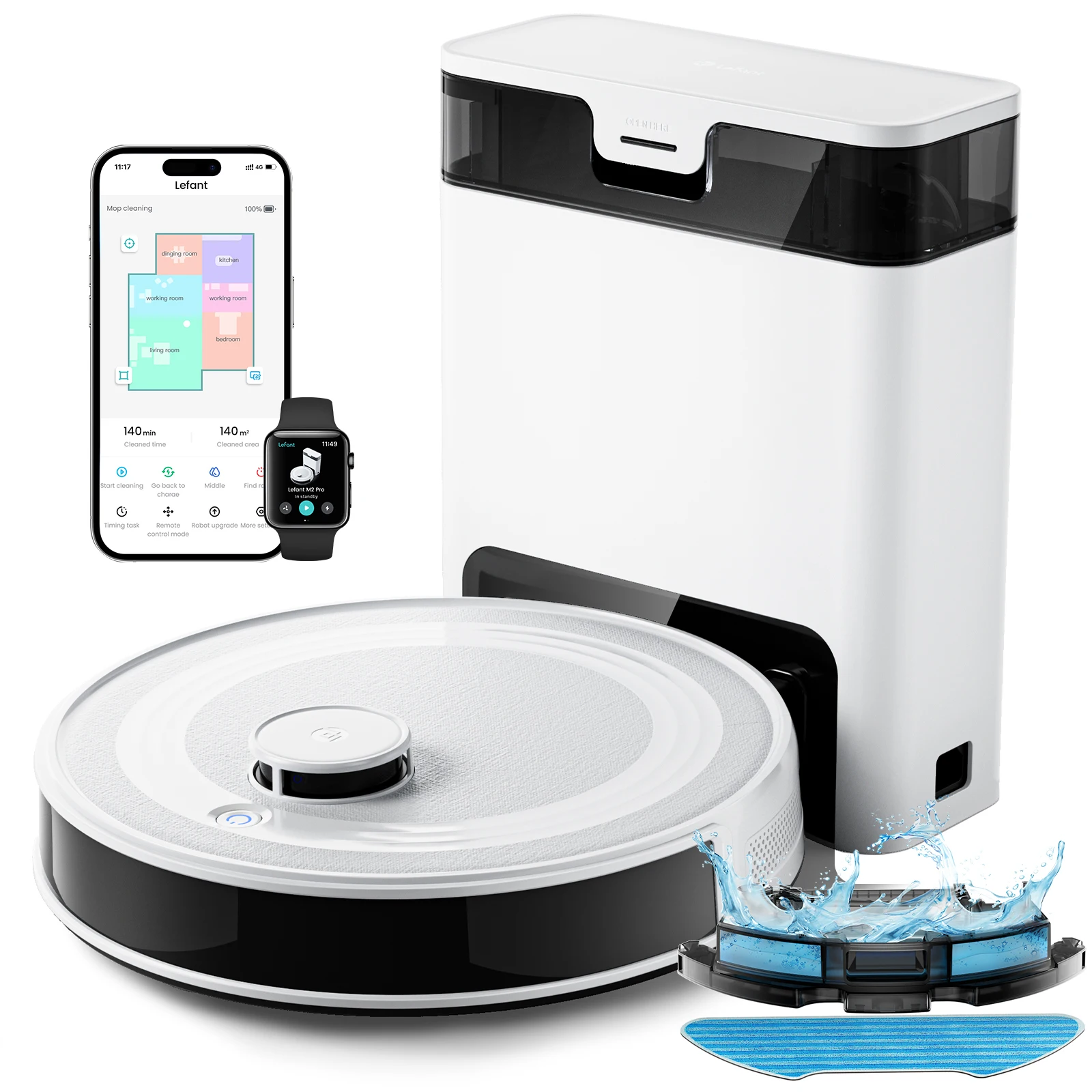 Lefant M2S PRO Robotstofzuiger met cartografie, 10000 Pa, automatische stofafvoerstation, lasernavigatie, PSD-obstakelvermijdingstechnologie