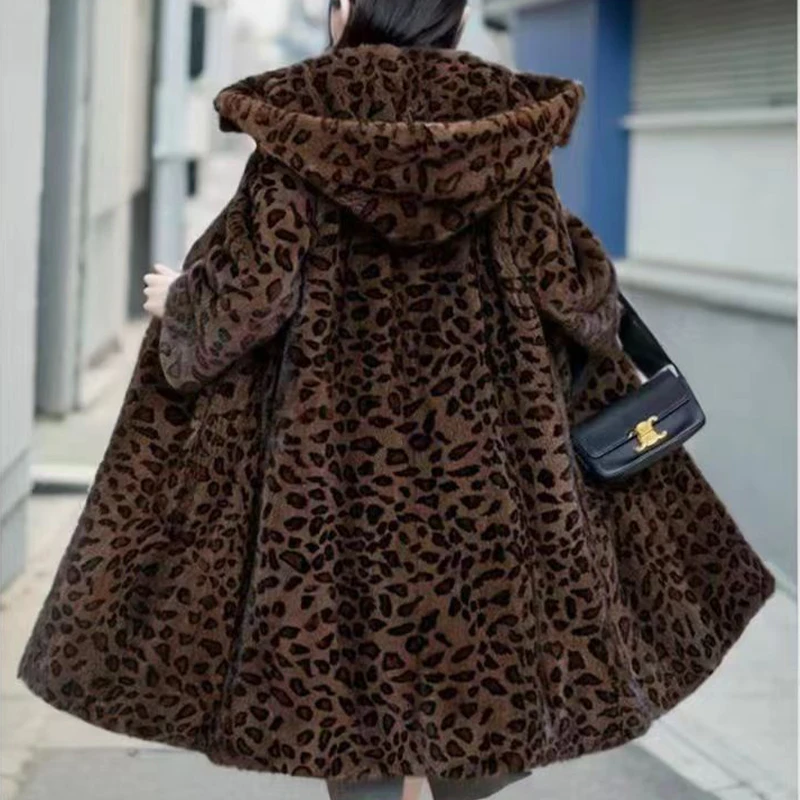 2024 Winter Jacket Long Warm Thick Leopard Dluffy Faux Fur Coat Women Artificial Mink Print Loose Luxury Designer Clothing Women