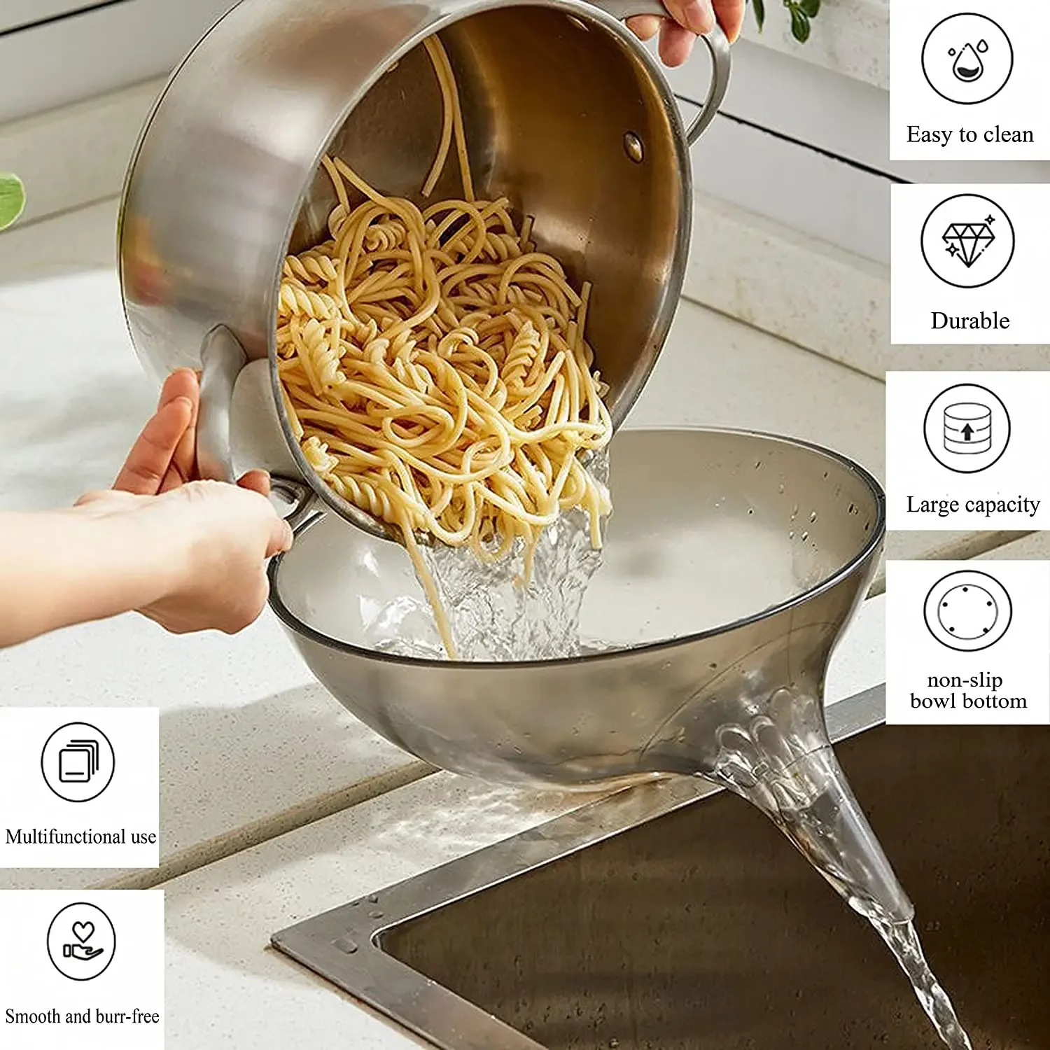 

Drain Bowl with Funnel, Multifunctional Strainer Bowls with Spout, Vegetable Fruiting and Noodle Draining with Honeycomb Plug