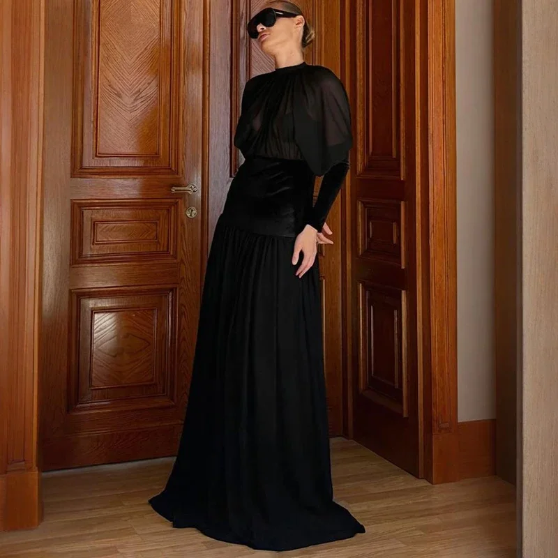 

Autumn New Black Mesh Long Dress For Women Sexy See Through Elegant Banquet Dress Slim High Waist Female Fashion Dress