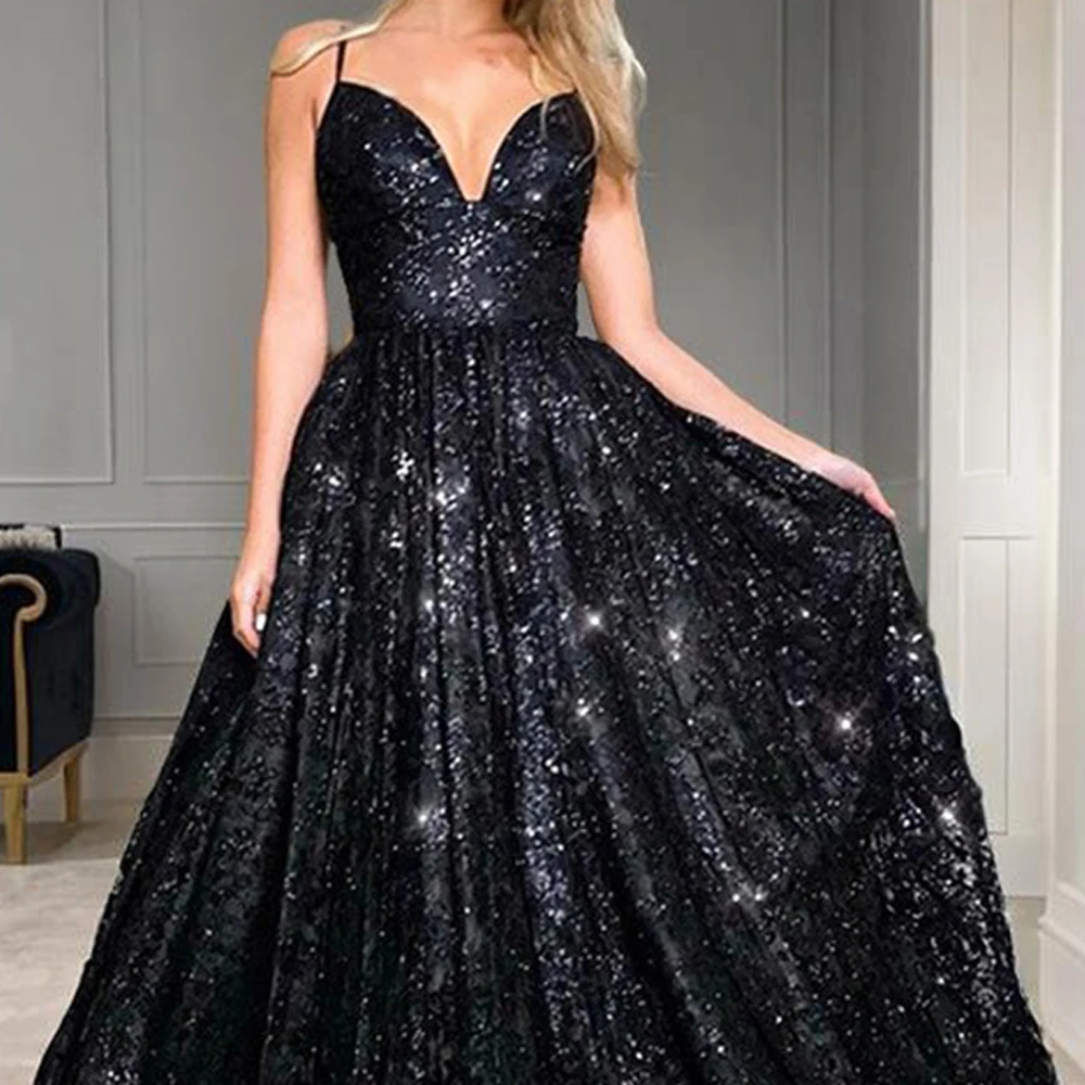 Spaghetti Straps Black Evening Dresses For Women Sequin Tulle A Line V Neck Backless Vestido De Gala Wedding Formal Party Gowns