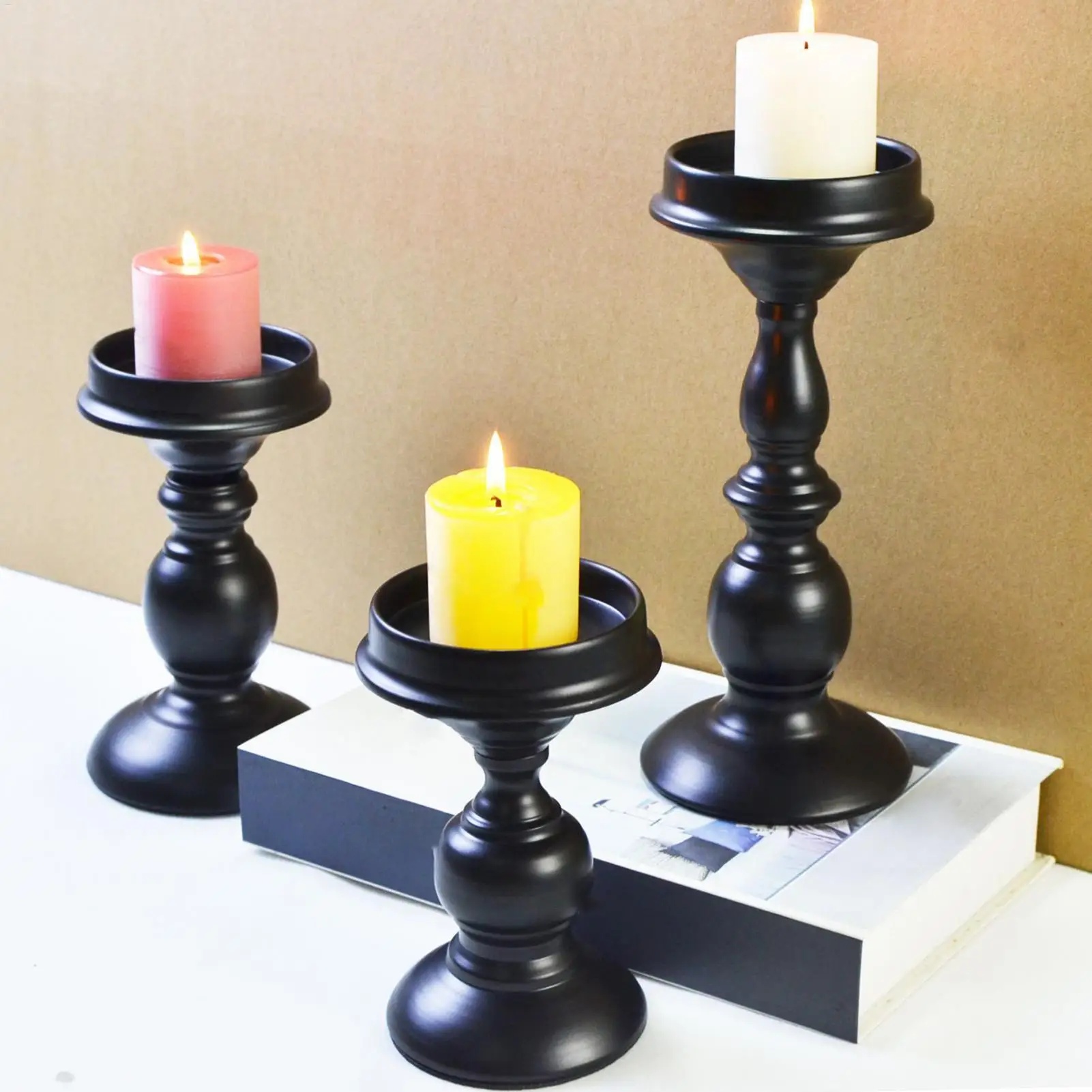 เชิงเทียนฮาโลวีน Gothic Decor เชิงเทียนสีดําชุด 3 ชิ้นตกแต่งบ้านตาราง Centerpieces สําหรับปาร์ตี้ฮาโลวีน
