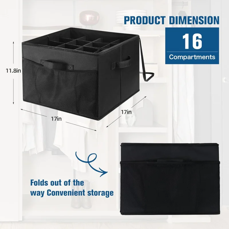 折りたたみ式シューズオーガナイザークローゼット、輸送カバー付き靴収納コンテナ、省スペースブラックシューズボックスオーガナイザーフィット16P