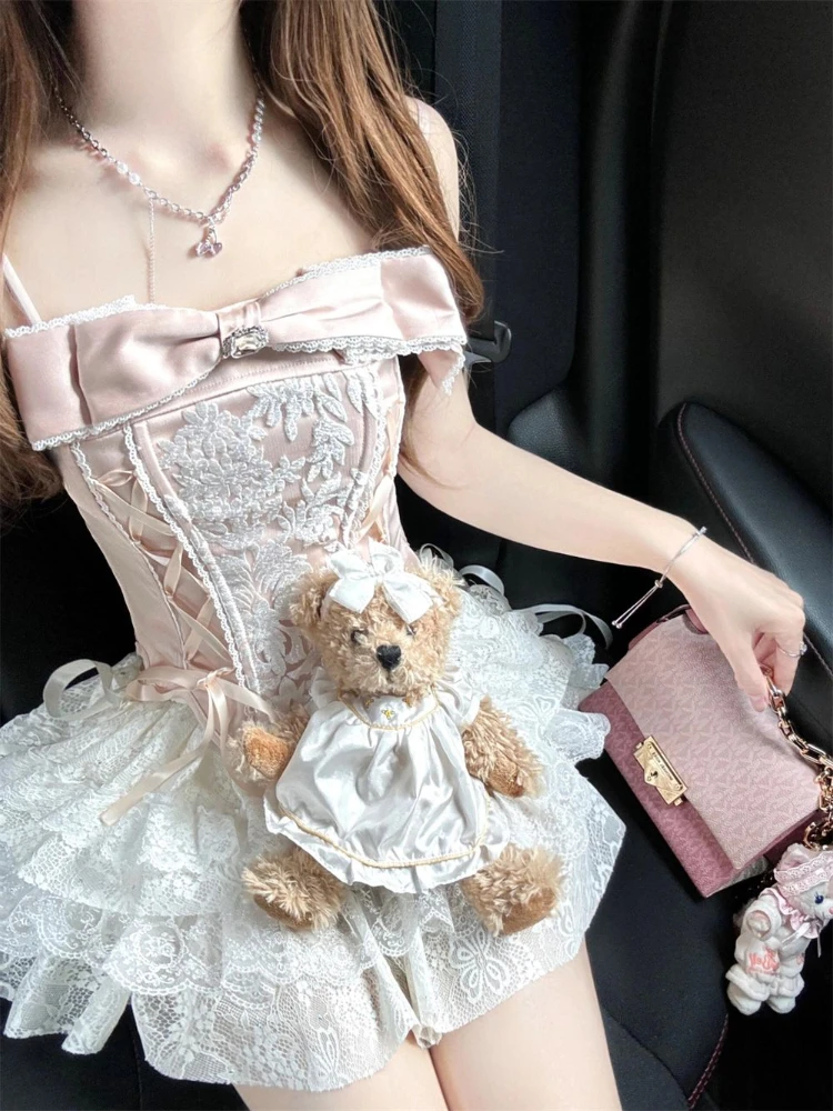 

Y2k Matching Sets Sleeveless Bow Bandage Tank Crop Tops+lace Ruffles High Waist Skirts Female Slim Sweet 2025 New Women Clothing