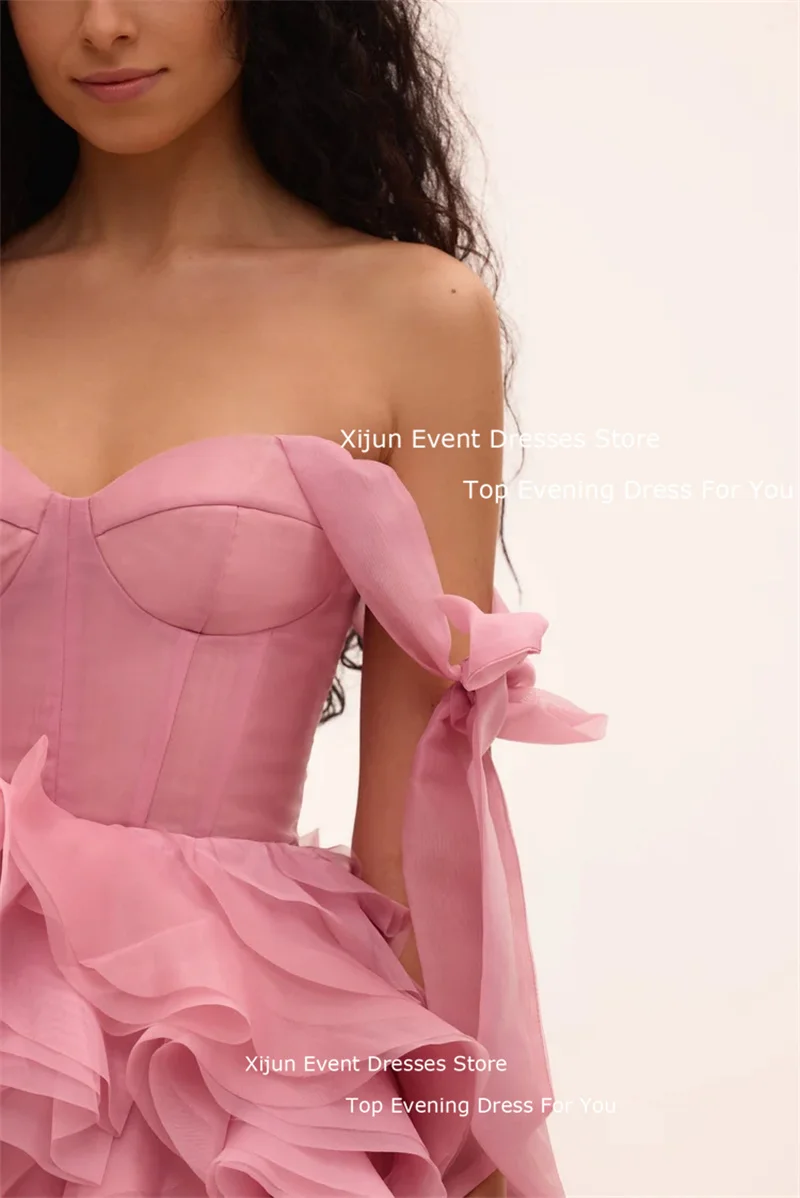 Xijun Pink Short Organza Evening Dresses Ruched Pleats Formal Prom Dresses Celebrity Birthday Party Gowns Sweetheart Vestidos