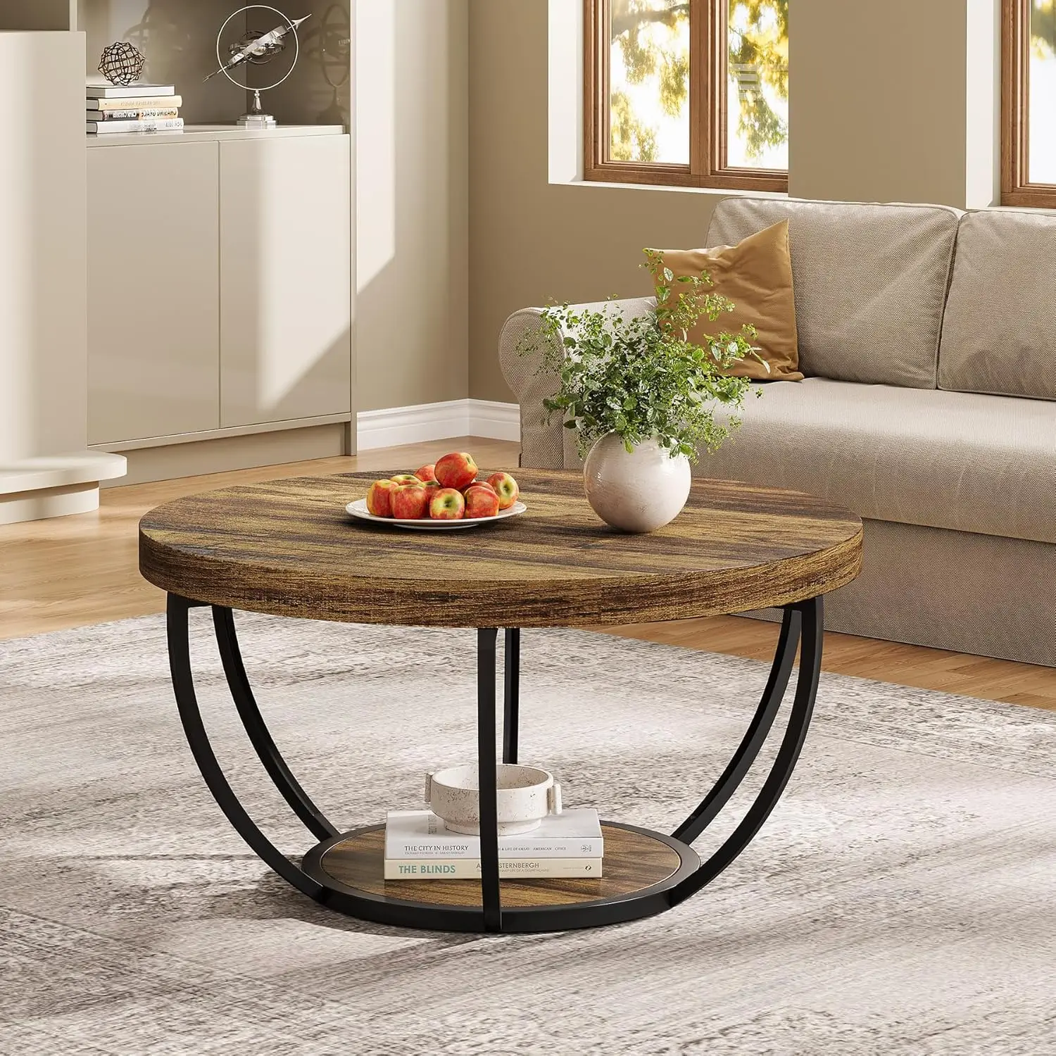 32" Circle Marble Coffee Tables, 2-Tier Golden Metal Legs Accent Center Table with Open Storage Modern Design Home Furniture image 6