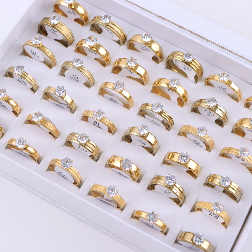 10Pcs/Lot Fashion Stainless Steel Zircon Silver Gold Color Love Rings For Women Men Wedding Jewelry Party Gifts Wholesale