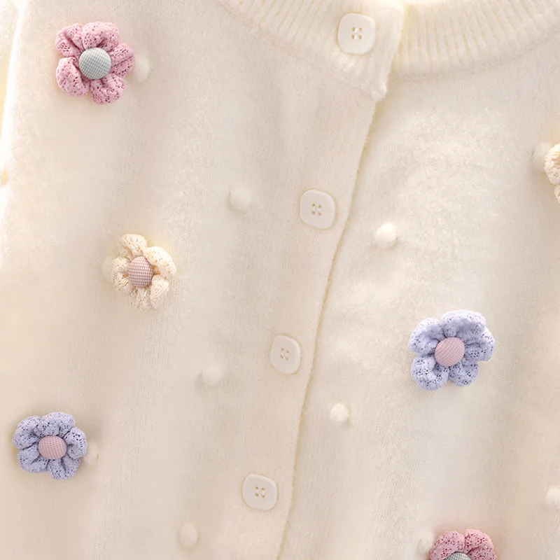 Beautiful Appliques Girls Sweater 2022 Spring Autumn New Korean Style  Long-sleeved Knitted Jacket Baby Flower Cardigan FY09102