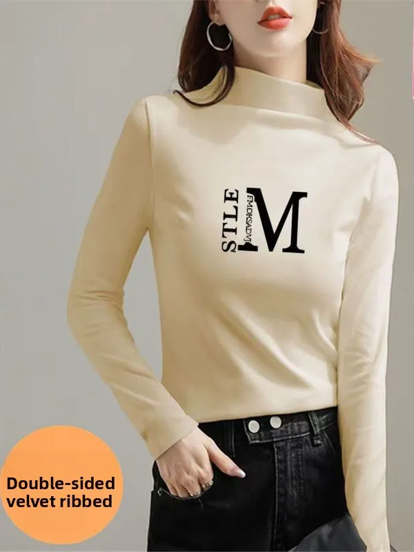 Cseta Térmica de Manga Larga con Cuello Medio Alto, Estampada, de Terciopelo de Doble Cara, para Mujer, Informal, Ajustada...