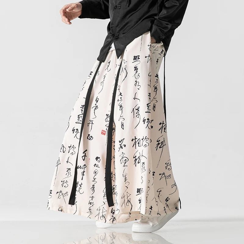 

2023 New Chinese Style Casual Vintage Print Wide Leg Pants Mens Kung Fu Harem Pants Male Baggy Hanfu Skirts Trousers