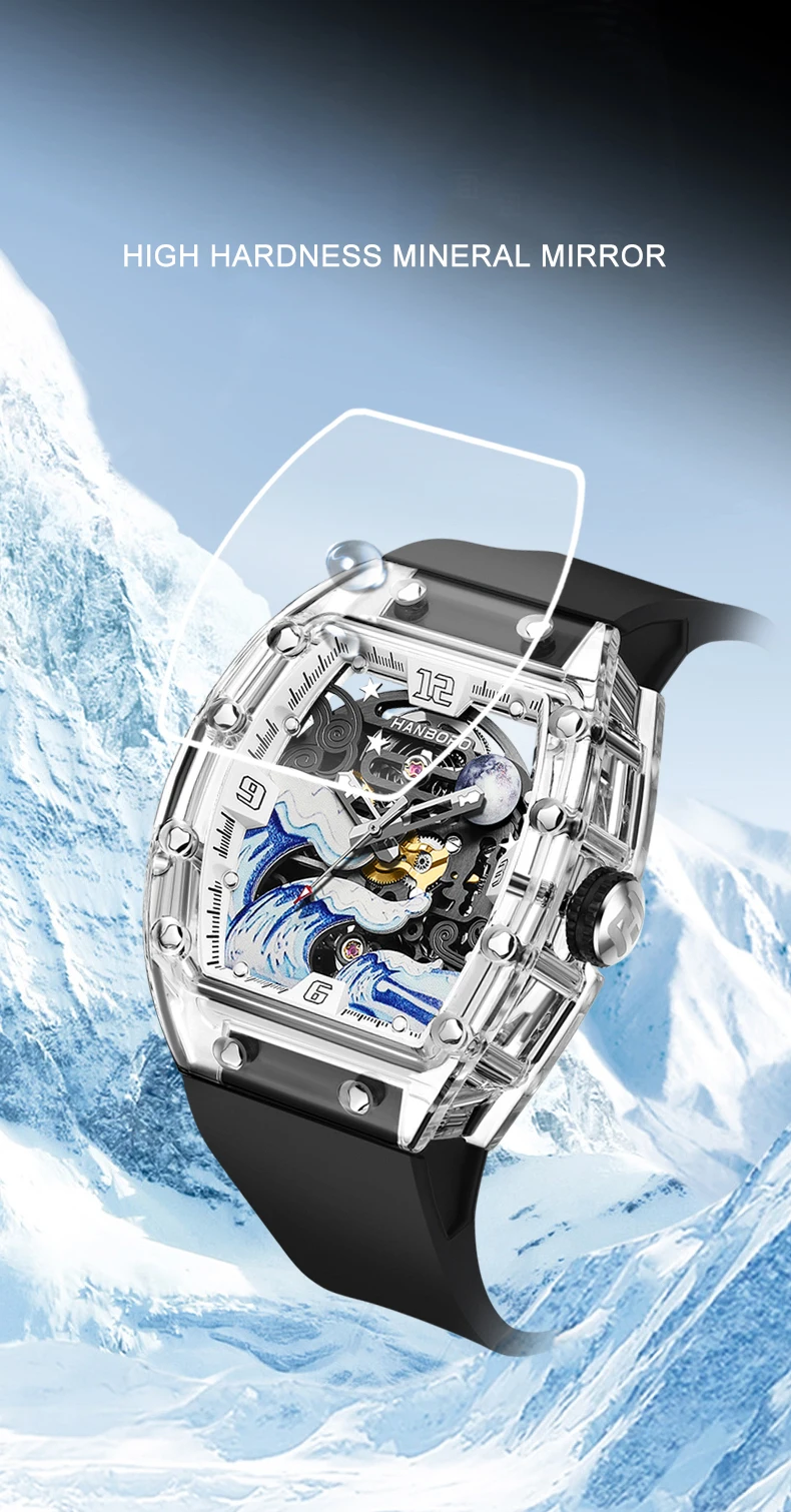 HANBORO Heren automatisch horloge Luxe mechanisch polshorloge Tonneau Transparant acryl behuizing Waterdicht Volledig lichtgevende golfwijzerplaat