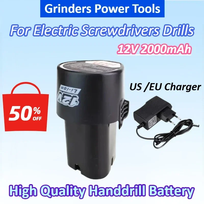 Newest 12V 2000mAh Replacement Lithium-ion Battery for Electric Screwdrivers Drills Mini Angle Grinders Power Tools With charger