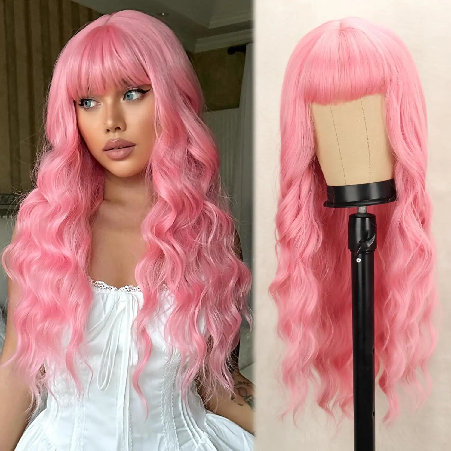 Long Curly Chemical Fiber Synthetic Wig With Fringe Pink Cosplay Party Lolita Hair Wig For Women Natural Heat Resistant Wig