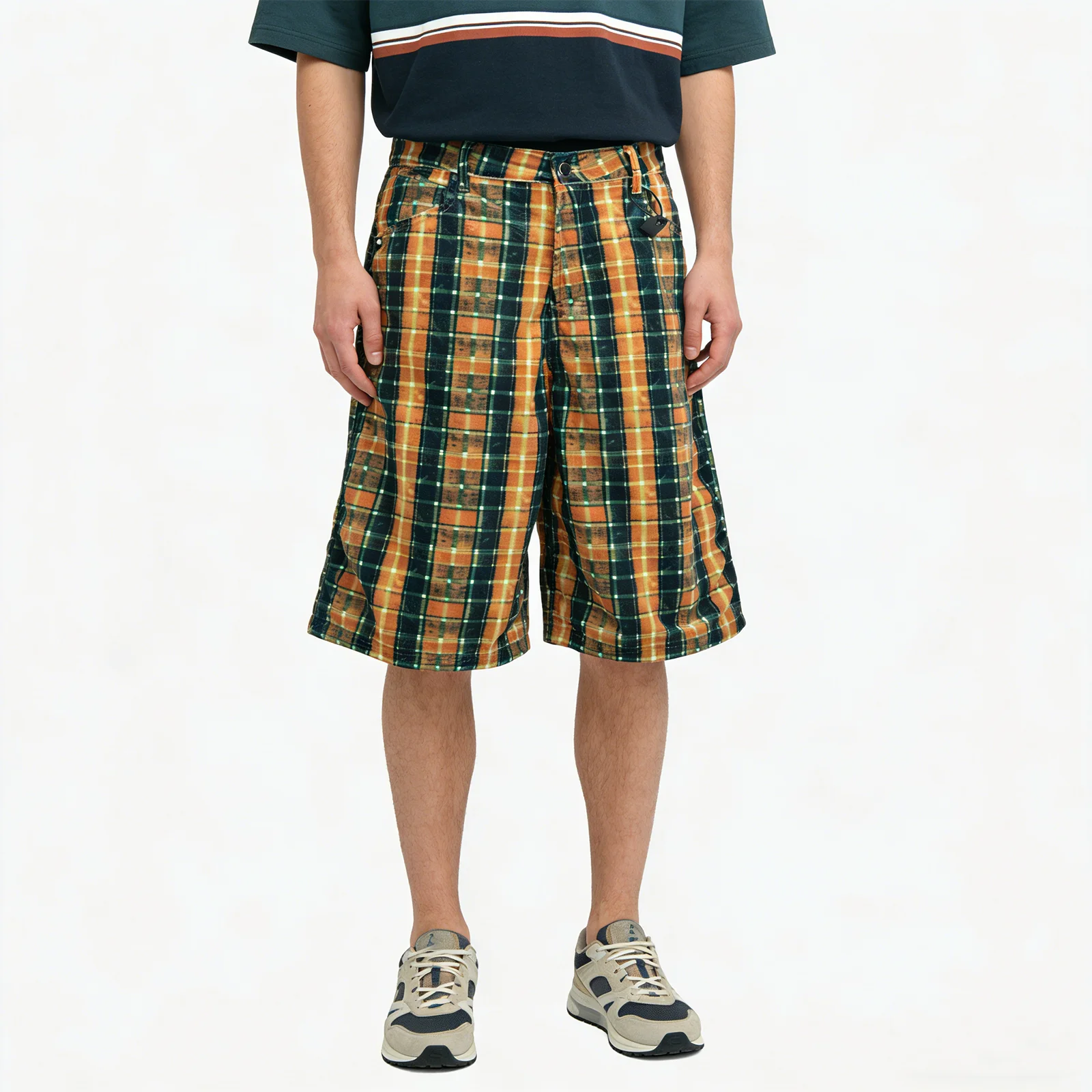 

Винтажные мужские джинсовые шорты в клетку, оранжево-черные, с пэчворком, свободного кроя, до колена, с вышивкой, широкие штанины, в стиле хип-хоп