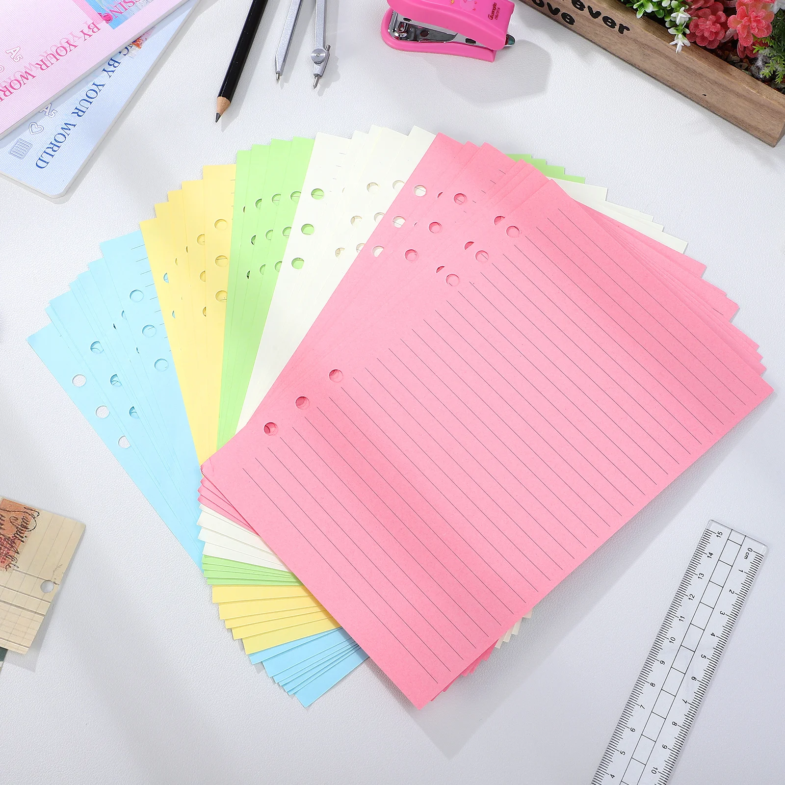 กระดาษรีฟิลสำหรับสมุดแพลนเนอร์ A5 แบบ 6 รู จำนวน 50 แผ่น กระดาษหนาแบบมีเส้นบรรทัด สำหรับใส่ในสมุดโน้ตแบบ 6 รู