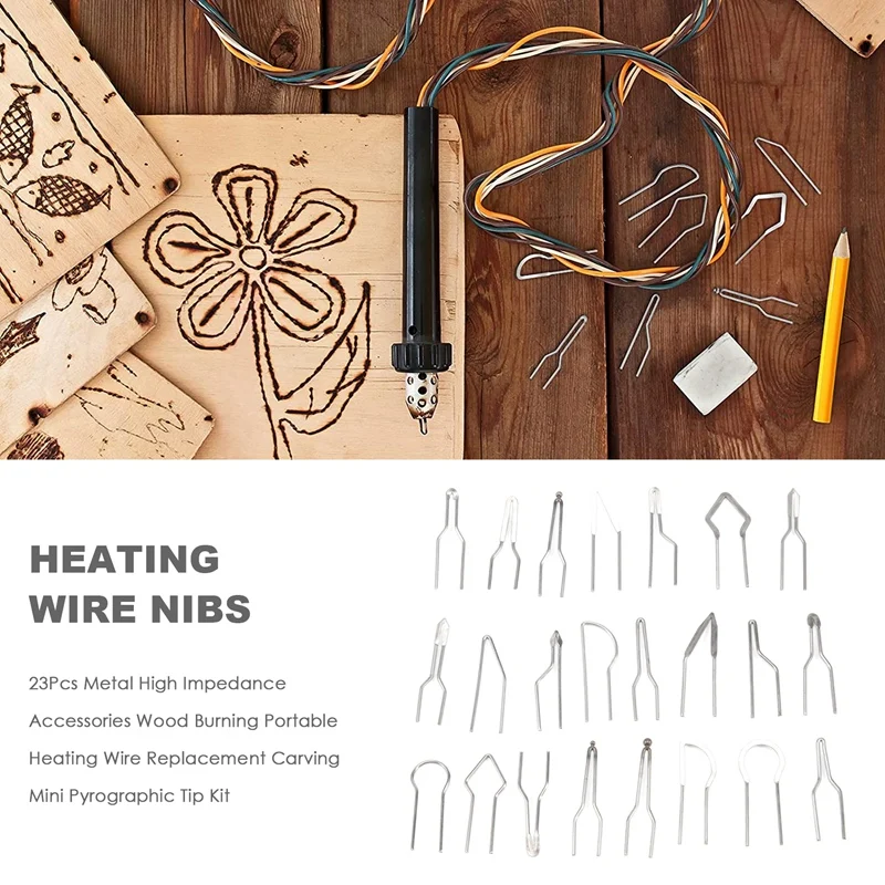 23Pcs Metal High Impedance Accessories Wood Burning Portable Heating Wire Replacement Carving Mini Pyrographic Tip Kit